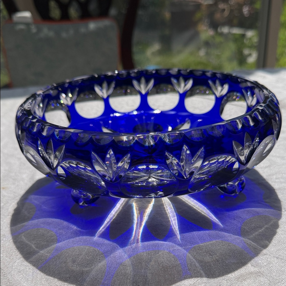 Vintage Cobalt Blue Cut Glass Decorative Bowl - Home Art 8” width , 3” tall - Picture 2 of 13